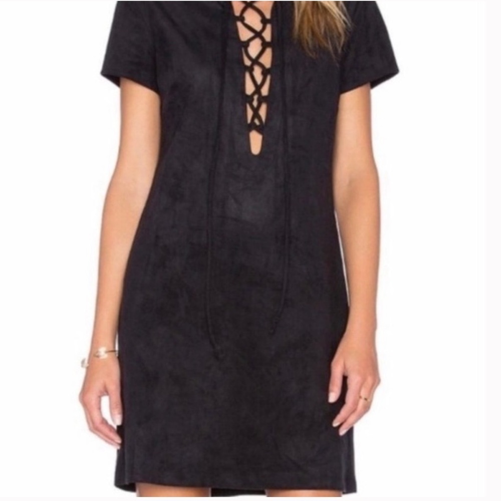 WAYF black lace up front plunging neckline faux suede shift dress